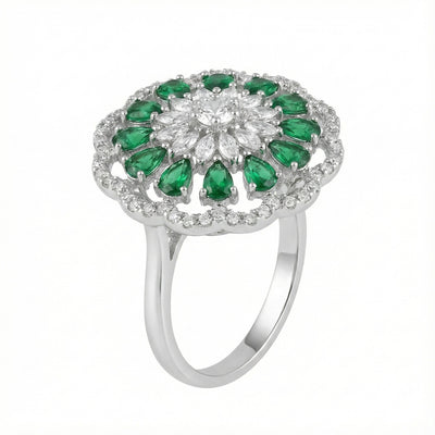 Meama Luxury Emerald & Diamond Floral Halo Ring in White Gold Finish