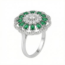 Meama Luxury Emerald & Diamond Floral Halo Ring in White Gold Finish