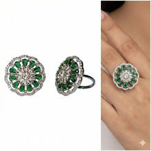 Meama Luxury Emerald & Diamond Floral Halo Ring in White Gold Finish